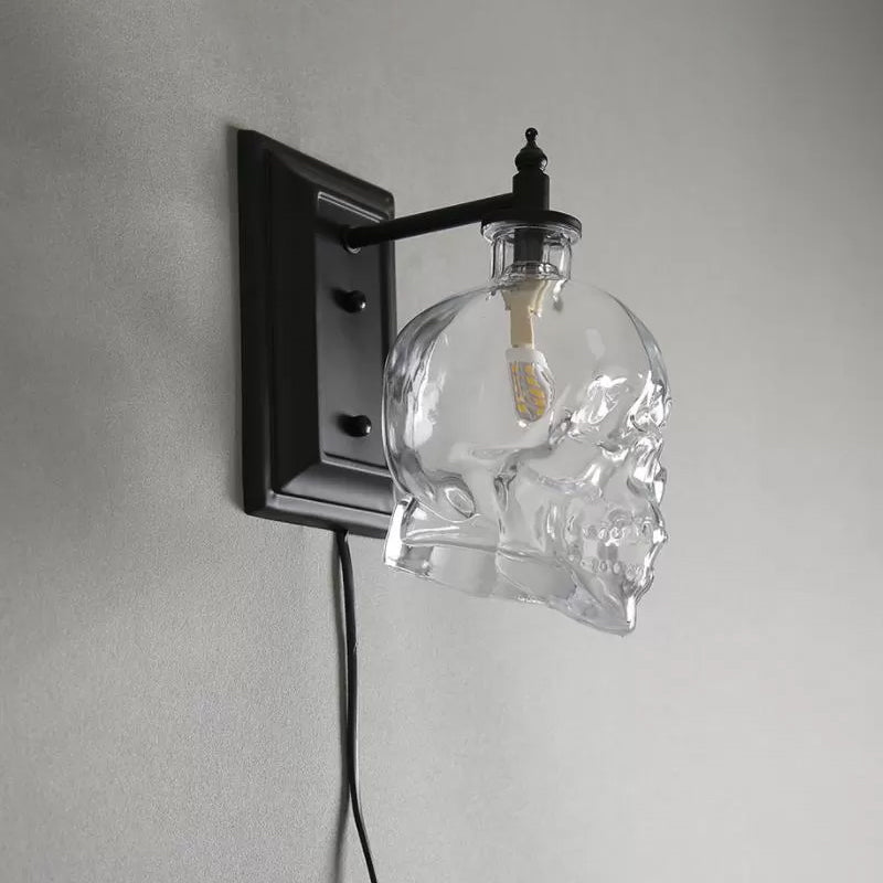 Skørter | Clear Glass Skull Wall Lamp Decorative 1-Light Black Wall Mount Socket