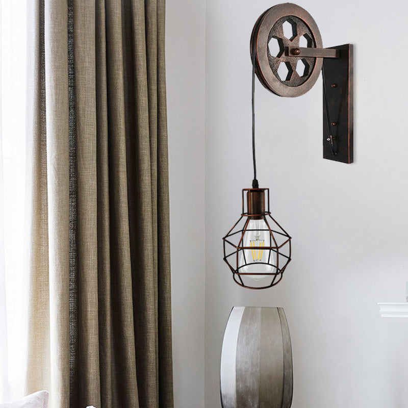 Skørter | Antique Black Single Pulley Wall Lamp Industrial Iron Wire Cage Wall Lighting for Restaurant
