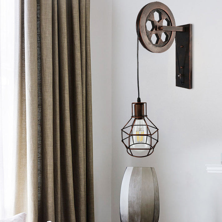 Skørter | Antique Black Single Pulley Wall Lamp Industrial Iron Wire Cage Wall Lighting for Restaurant