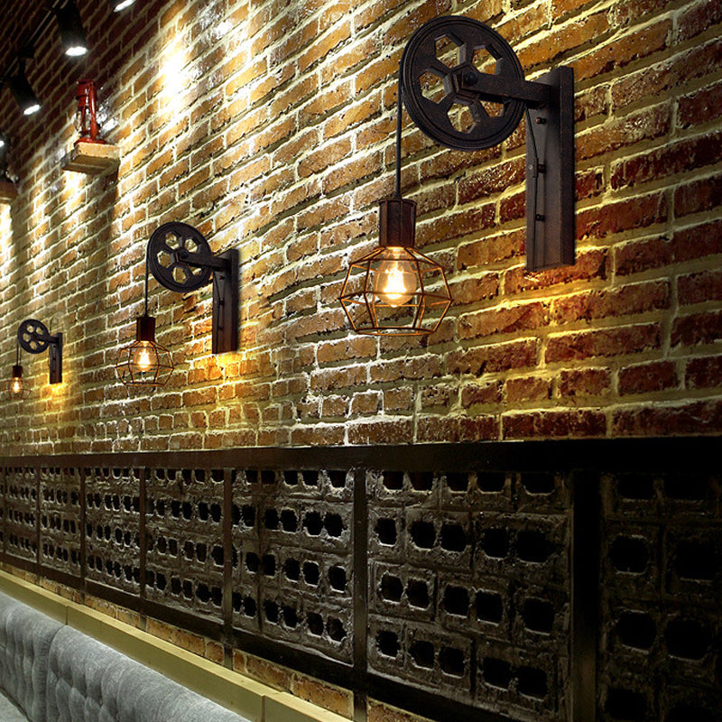 Skørter | Antique Black Single Pulley Wall Lamp Industrial Iron Wire Cage Wall Lighting for Restaurant