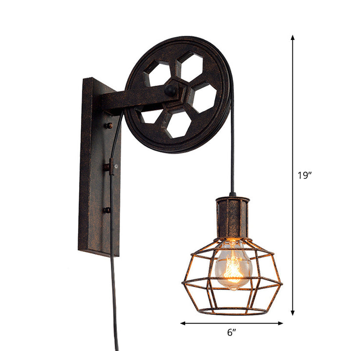 Skørter | Antique Black Single Pulley Wall Lamp Industrial Iron Wire Cage Wall Lighting for Restaurant