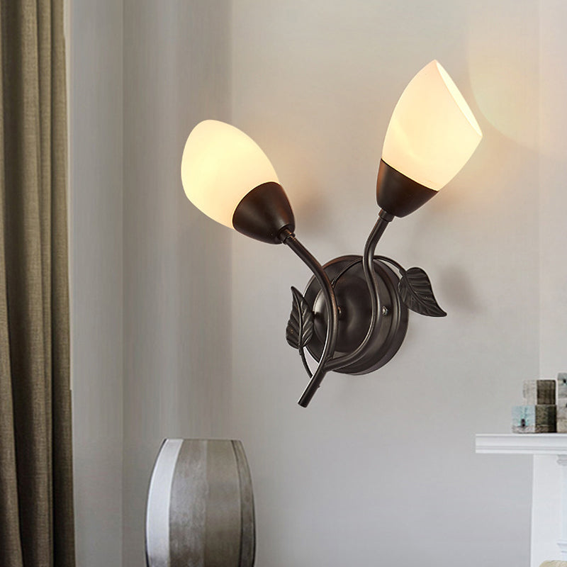Skørter | Rustic Tulip Wall Lantern Light 2 Lamps Opal Frosted Glass Wall-Mounted Light in Black/Gold for Bedroom