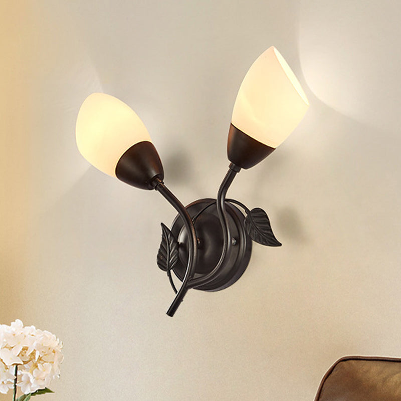 Skørter | Rustic Tulip Wall Lantern Light 2 Lamps Opal Frosted Glass Wall-Mounted Light in Black/Gold for Bedroom