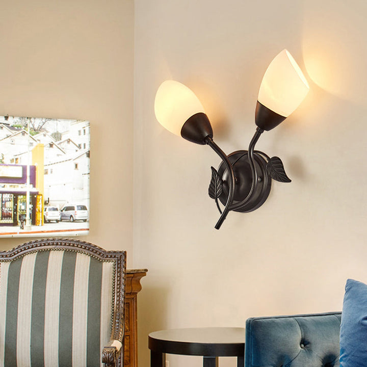 Skørter | Rustic Tulip Wall Lantern Light 2 Lamps Opal Frosted Glass Wall-Mounted Light in Black/Gold for Bedroom
