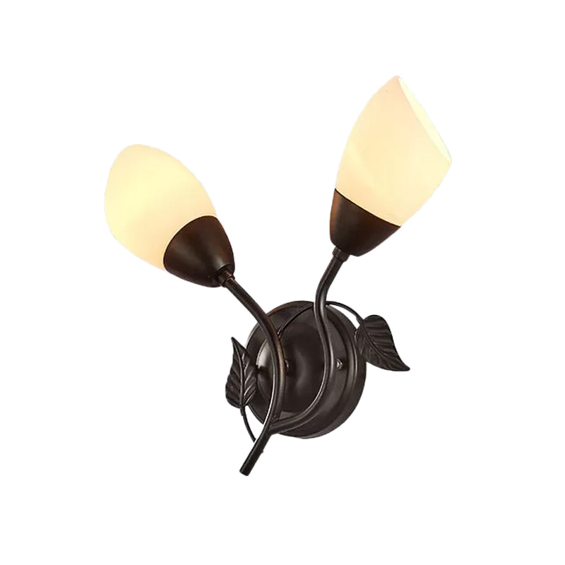 Skørter | Rustic Tulip Wall Lantern Light 2 Lamps Opal Frosted Glass Wall-Mounted Light in Black/Gold for Bedroom