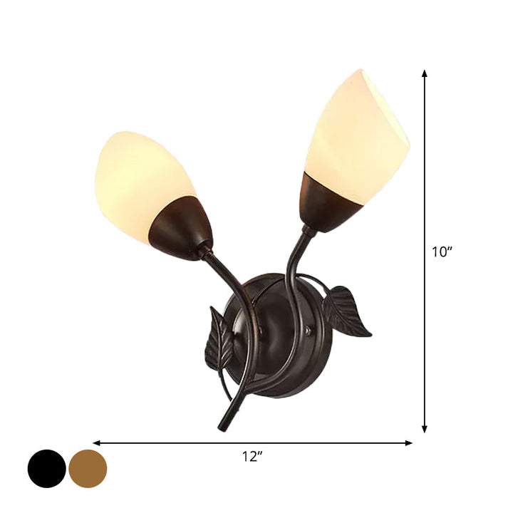 Skørter | Rustic Tulip Wall Lantern Light 2 Lamps Opal Frosted Glass Wall-Mounted Light in Black/Gold for Bedroom
