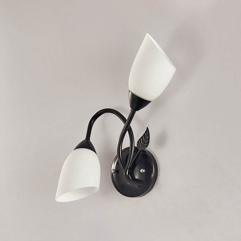 Skørter | Rustic Tulip Wall Lantern Light 2 Lamps Opal Frosted Glass Wall-Mounted Light in Black/Gold for Bedroom