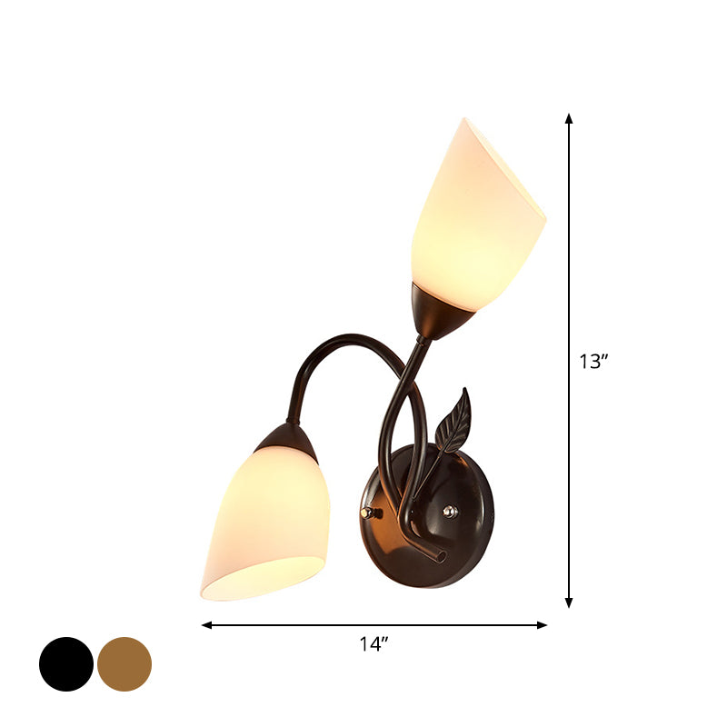 Skørter | Rustic Tulip Wall Lantern Light 2 Lamps Opal Frosted Glass Wall-Mounted Light in Black/Gold for Bedroom