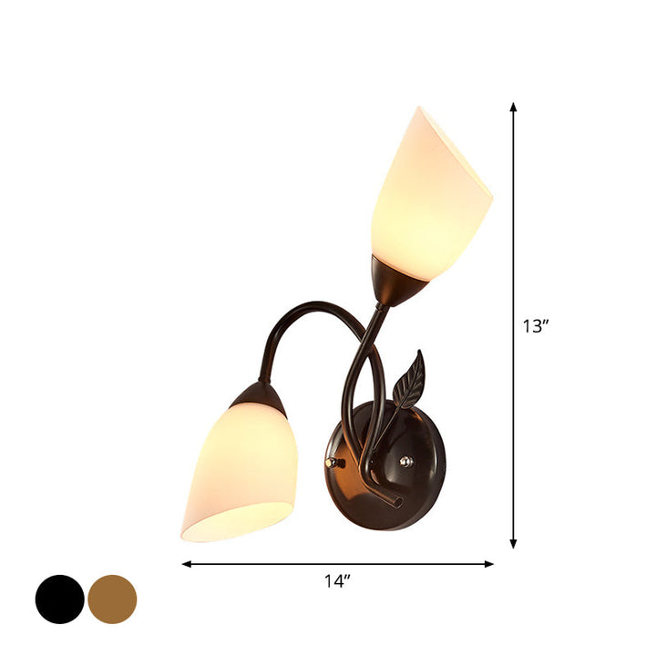Skørter | Rustic Tulip Wall Lantern Light 2 Lamps Opal Frosted Glass Wall-Mounted Light in Black/Gold for Bedroom