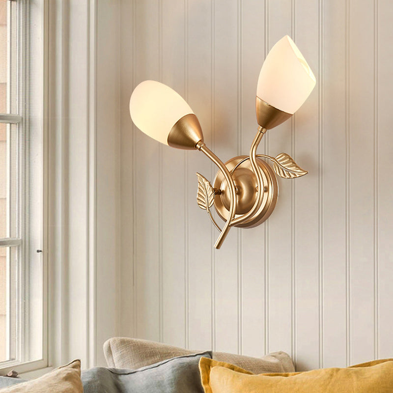 Skørter | Rustic Tulip Wall Lantern Light 2 Lamps Opal Frosted Glass Wall-Mounted Light in Black/Gold for Bedroom