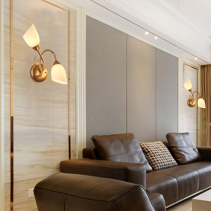 Skørter | Rustic Tulip Wall Lantern Light 2 Lamps Opal Frosted Glass Wall-Mounted Light in Black/Gold for Bedroom