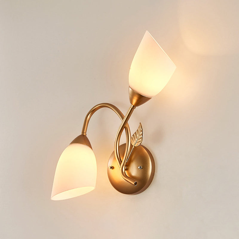 Skørter | Rustic Tulip Wall Lantern Light 2 Lamps Opal Frosted Glass Wall-Mounted Light in Black/Gold for Bedroom