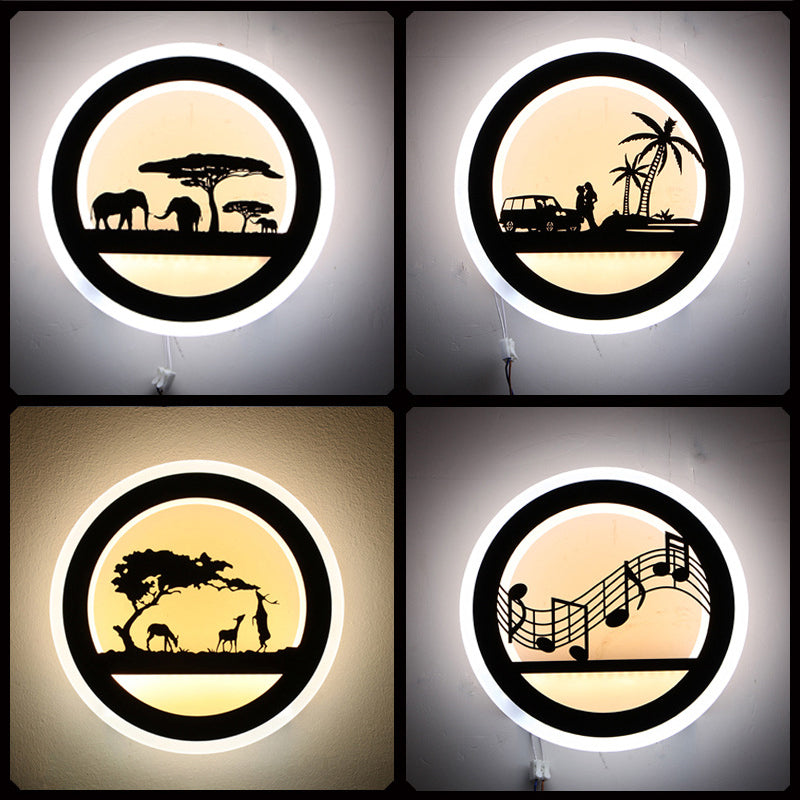 Lisslune | Nordic LED Wall Lamp Sconces Black Round/Elephant/Giraffe Ultrathin Wall Lamp with Acrylic Shade in Warm/White Light