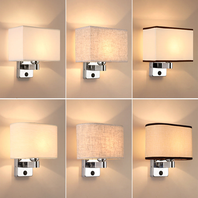 Lisslune | 1-Light Bedroom Wall Lamp Nordic Black/White/Beige and Chrome Wall Light with Oval/Square Fabric Shade