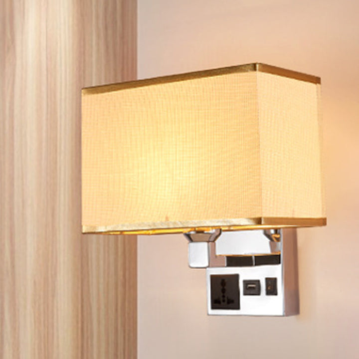 Lisslune | Rectangular Fabric Wall Lamp Simple Single White/Flax Wall Sconce with 3-Hole Socket and USB Charging Port