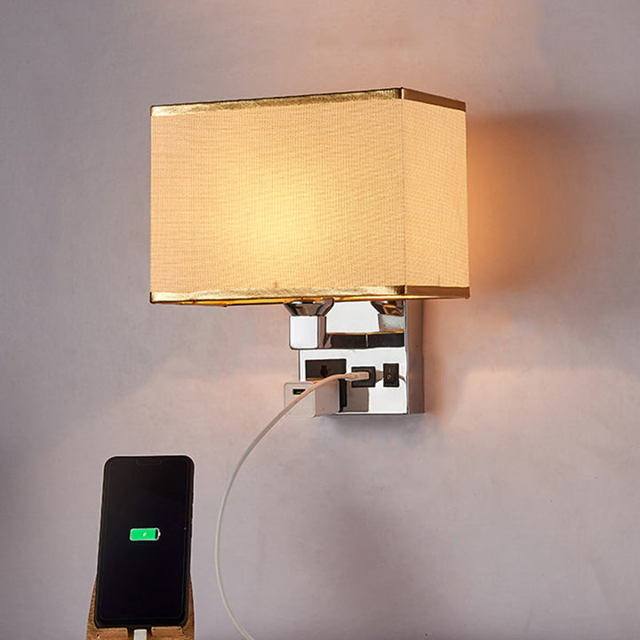 Lisslune | Rectangular Fabric Wall Lamp Simple Single White/Flax Wall Sconce with 3-Hole Socket and USB Charging Port