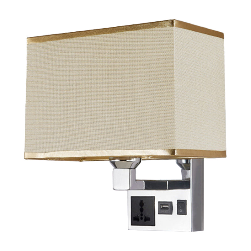 Lisslune | Rectangular Fabric Wall Lamp Simple Single White/Flax Wall Sconce with 3-Hole Socket and USB Charging Port