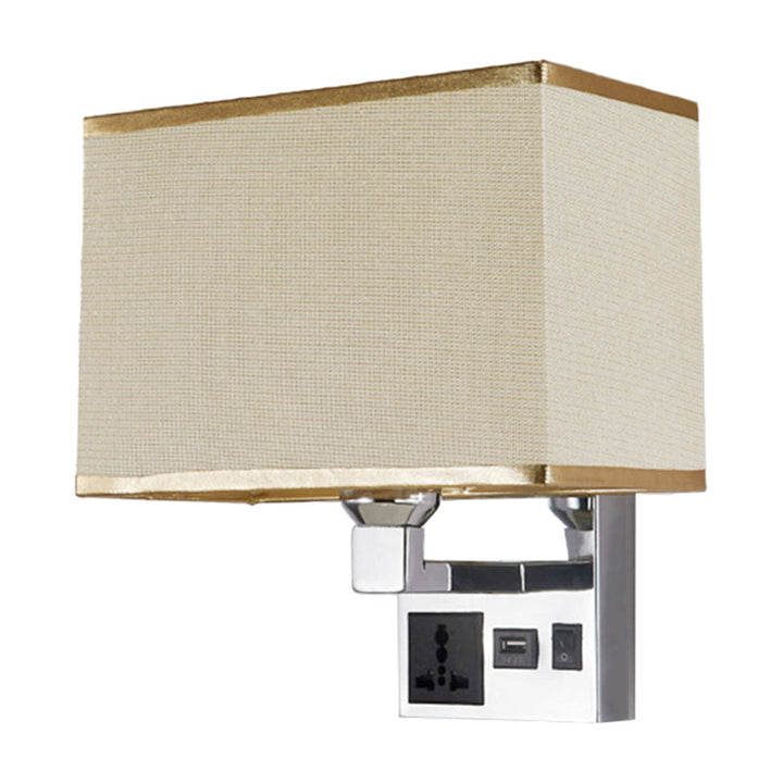 Lisslune | Rectangular Fabric Wall Lamp Simple Single White/Flax Wall Sconce with 3-Hole Socket and USB Charging Port