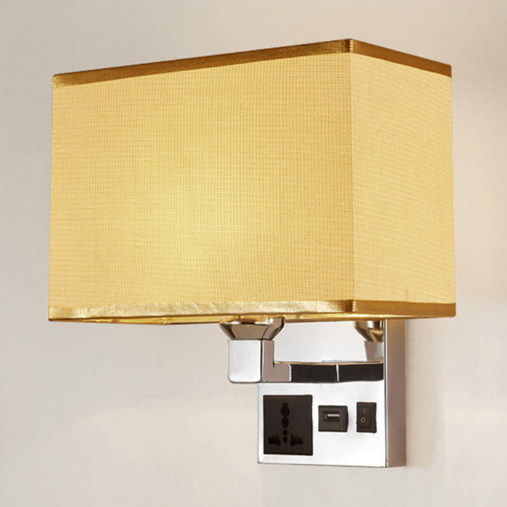 Lisslune | Rectangular Fabric Wall Lamp Simple Single White/Flax Wall Sconce with 3-Hole Socket and USB Charging Port