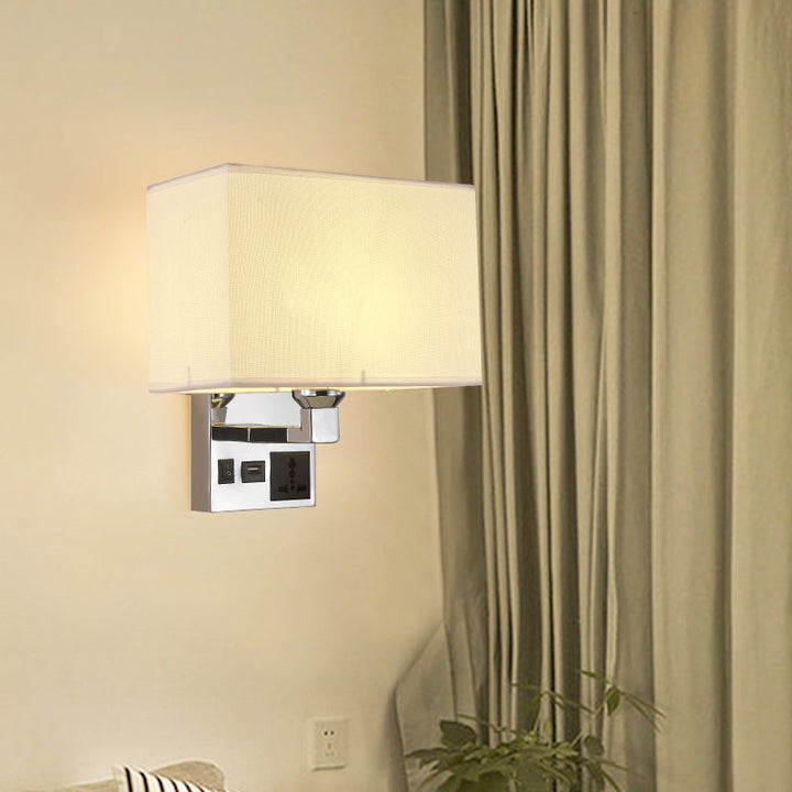 Lisslune | Rectangular Fabric Wall Lamp Simple Single White/Flax Wall Sconce with 3-Hole Socket and USB Charging Port