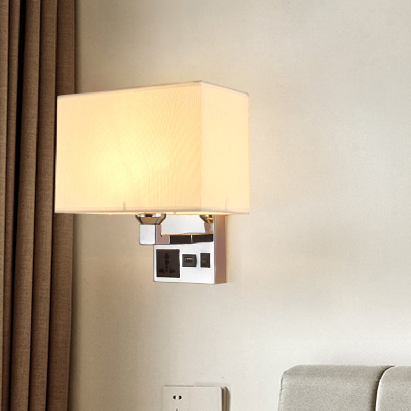 Lisslune | Rectangular Fabric Wall Lamp Simple Single White/Flax Wall Sconce with 3-Hole Socket and USB Charging Port