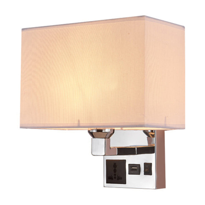Lisslune | Rectangular Fabric Wall Lamp Simple Single White/Flax Wall Sconce with 3-Hole Socket and USB Charging Port