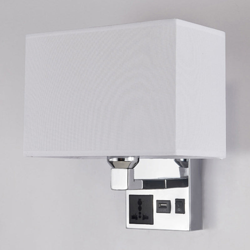 Lisslune | Rectangular Fabric Wall Lamp Simple Single White/Flax Wall Sconce with 3-Hole Socket and USB Charging Port