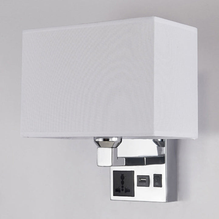 Lisslune | Rectangular Fabric Wall Lamp Simple Single White/Flax Wall Sconce with 3-Hole Socket and USB Charging Port