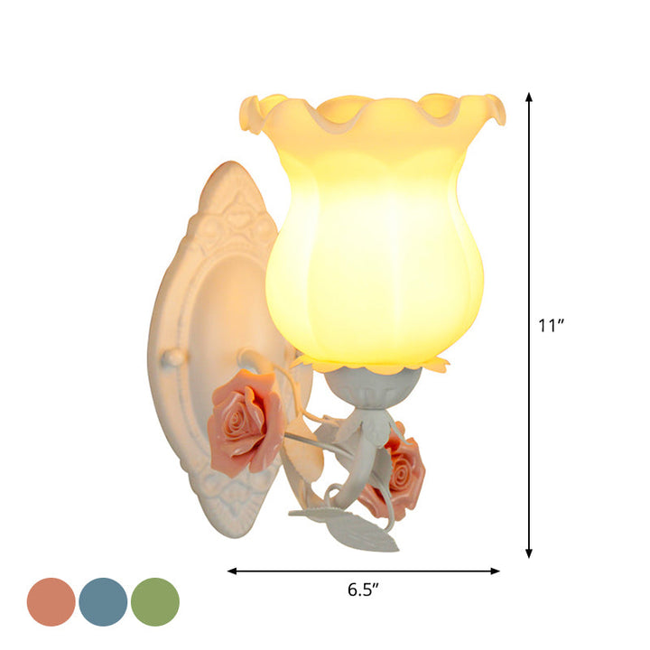 Skørter | Pink/Green/Blue 1-Light Wall Lamp American Garden Frosted White Glass Floral Wall Mounted Light