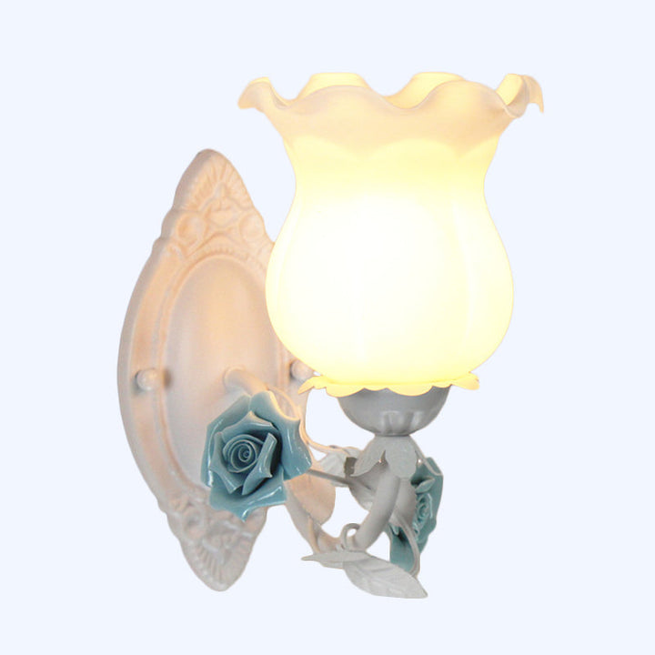 Skørter | Pink/Green/Blue 1-Light Wall Lamp American Garden Frosted White Glass Floral Wall Mounted Light