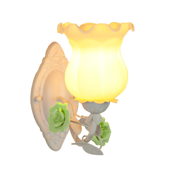 Skørter | Pink/Green/Blue 1-Light Wall Lamp American Garden Frosted White Glass Floral Wall Mounted Light