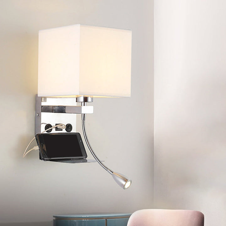 Lisslune | Rectangular wall-mounted reading light modern fabric 1 head black/white/beige wall lamp with shelf and spotlight
