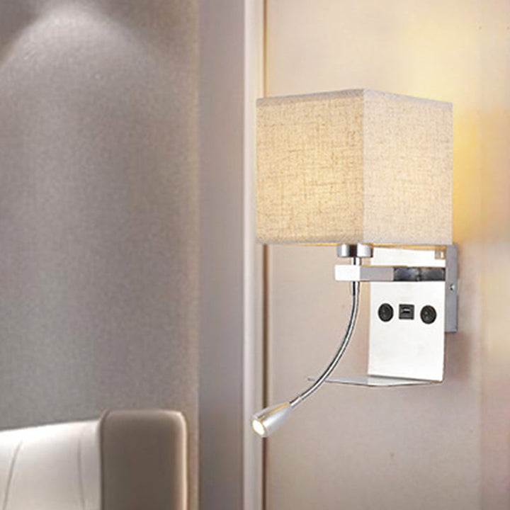 Lisslune | Rectangular wall-mounted reading light modern fabric 1 head black/white/beige wall lamp with shelf and spotlight