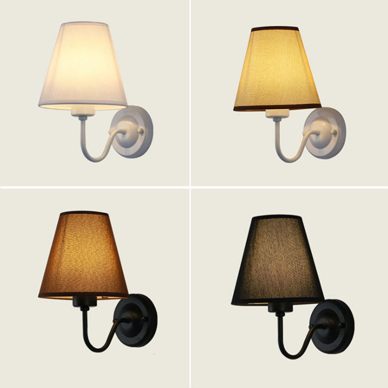 Lisslune | Black/Brown/Beige Cone Wall Lamp Nordic 1-Light Fabric Wall Lighting with Curved Arm in Black/White