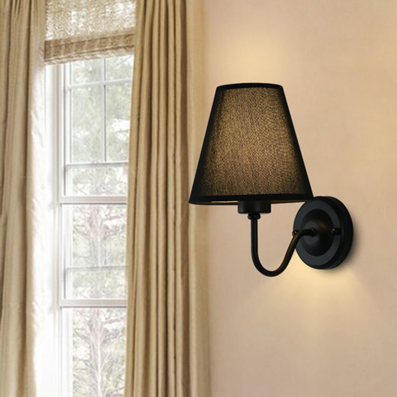 Lisslune | Black/Brown/Beige Cone Wall Lamp Nordic 1-Light Fabric Wall Lighting with Curved Arm in Black/White