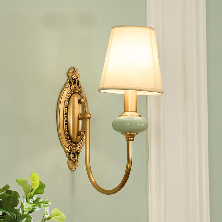 Skørter | Gold Swoop Arm Wall Lamp Traditional Metal 1/2-Cup Gold Sconce Lamp with Cone Shade and Synthetic Jade Decor
