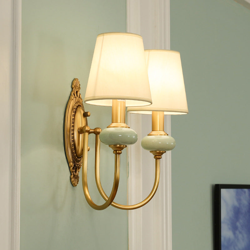 Skørter | Gold Swoop Arm Wall Lamp Traditional Metal 1/2-Cup Gold Sconce Lamp with Cone Shade and Synthetic Jade Decor