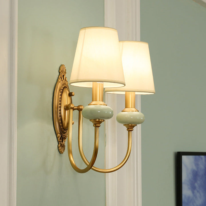 Skørter | Gold Swoop Arm Wall Lamp Traditional Metal 1/2-Cup Gold Sconce Lamp with Cone Shade and Synthetic Jade Decor