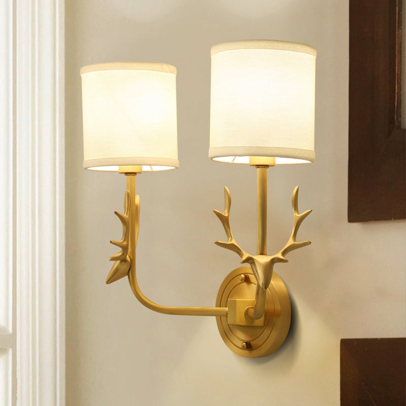 Skørter | Gold Deer Wall Light mounted Country House Style Metal 2 Heads Bedroom Wall Light with Cylinder Fabric Shade