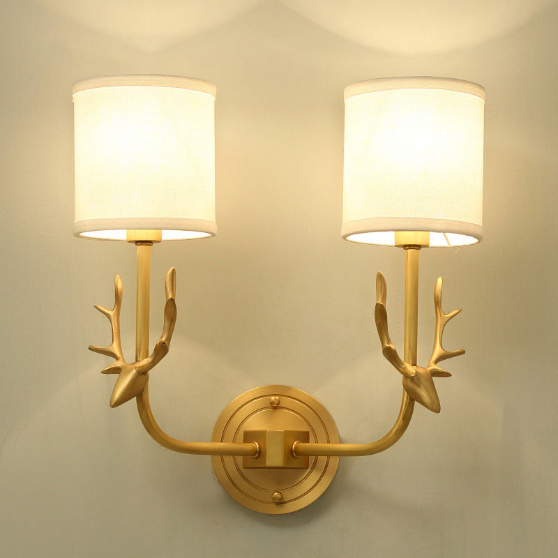 Skørter | Gold Deer Wall Light mounted Country House Style Metal 2 Heads Bedroom Wall Light with Cylinder Fabric Shade