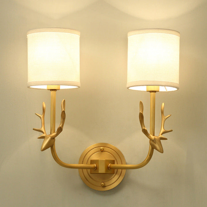 Skørter | Gold Deer Wall Light mounted Country House Style Metal 2 Heads Bedroom Wall Light with Cylinder Fabric Shade