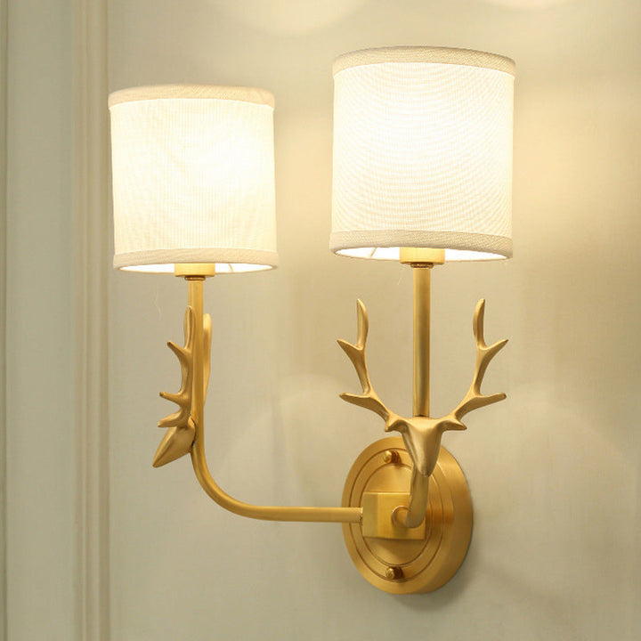 Skørter | Gold Deer Wall Light mounted Country House Style Metal 2 Heads Bedroom Wall Light with Cylinder Fabric Shade