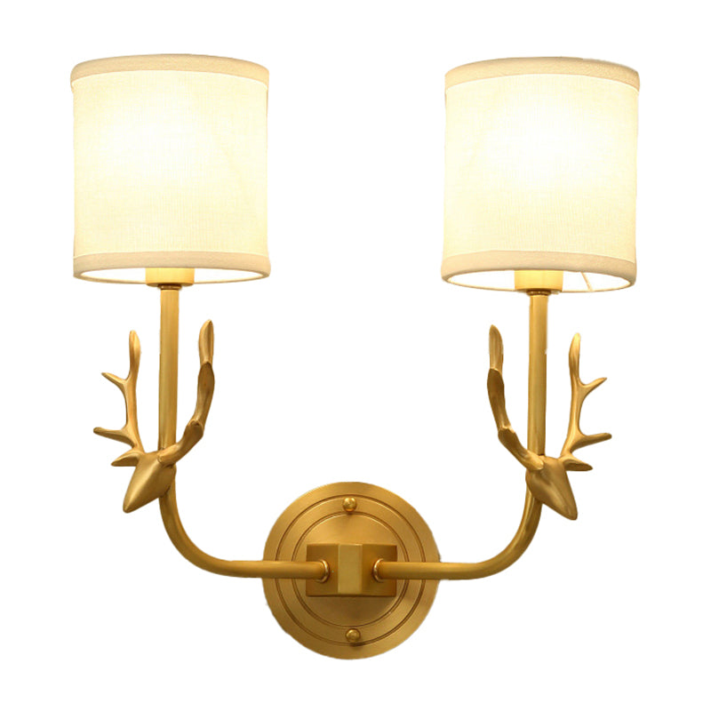 Skørter | Gold Deer Wall Light mounted Country House Style Metal 2 Heads Bedroom Wall Light with Cylinder Fabric Shade