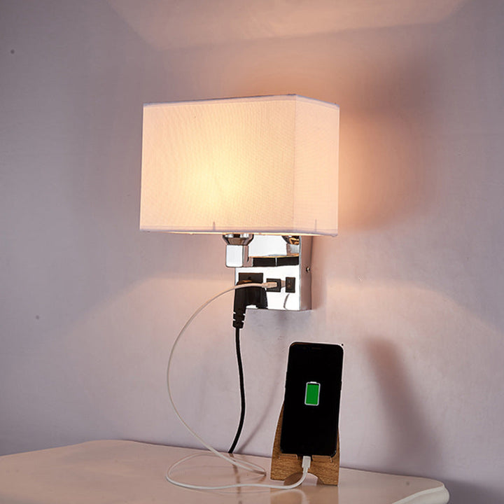 Lisslune | White/Flax Cube Wall Lamp Luminaire Simplicity Single Fabric Wall Light with Wall Socket and USB Connection