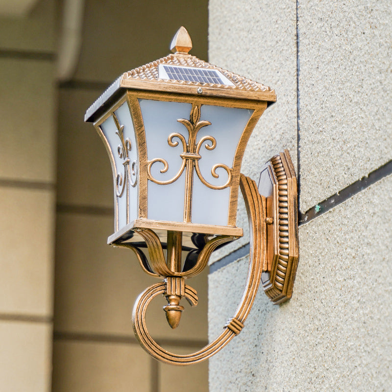 Lisslune | Frosted Glass Curved Lantern Wall Light Traditional Terrace Small/Large Solar LED Wall Lamp in Black/Brass