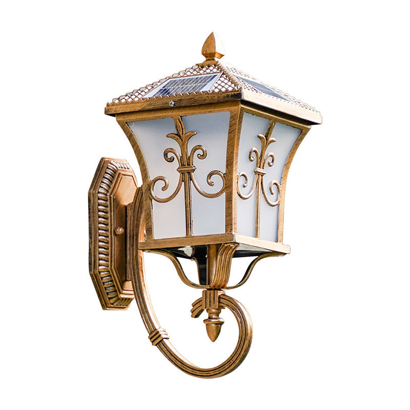 Lisslune | Frosted Glass Curved Lantern Wall Light Traditional Terrace Small/Large Solar LED Wall Lamp in Black/Brass