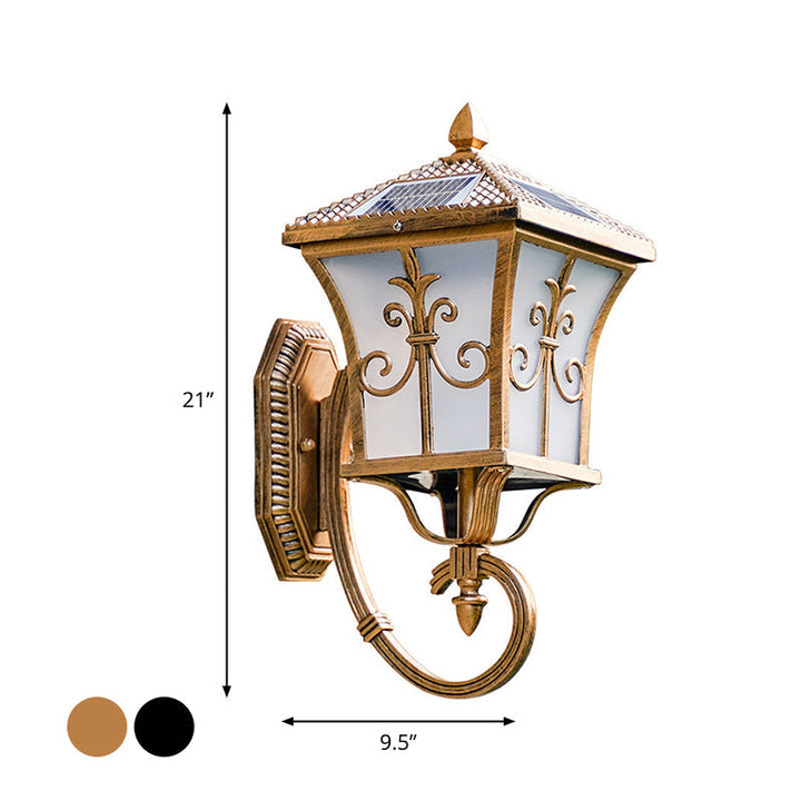 Lisslune | Frosted Glass Curved Lantern Wall Light Traditional Terrace Small/Large Solar LED Wall Lamp in Black/Brass