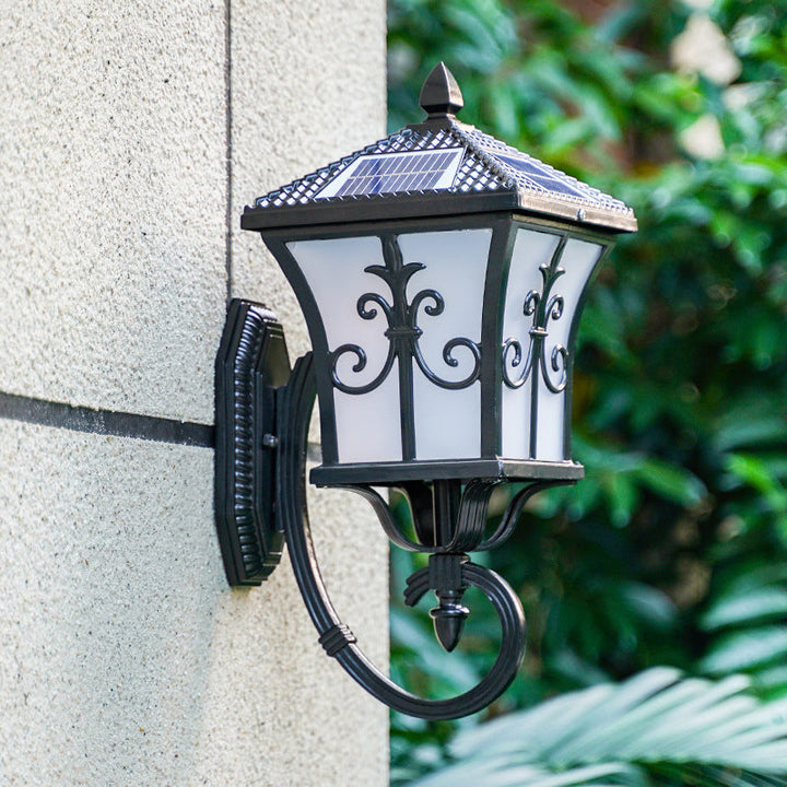 Lisslune | Frosted Glass Curved Lantern Wall Light Traditional Terrace Small/Large Solar LED Wall Lamp in Black/Brass