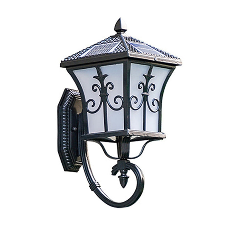 Lisslune | Frosted Glass Curved Lantern Wall Light Traditional Terrace Small/Large Solar LED Wall Lamp in Black/Brass