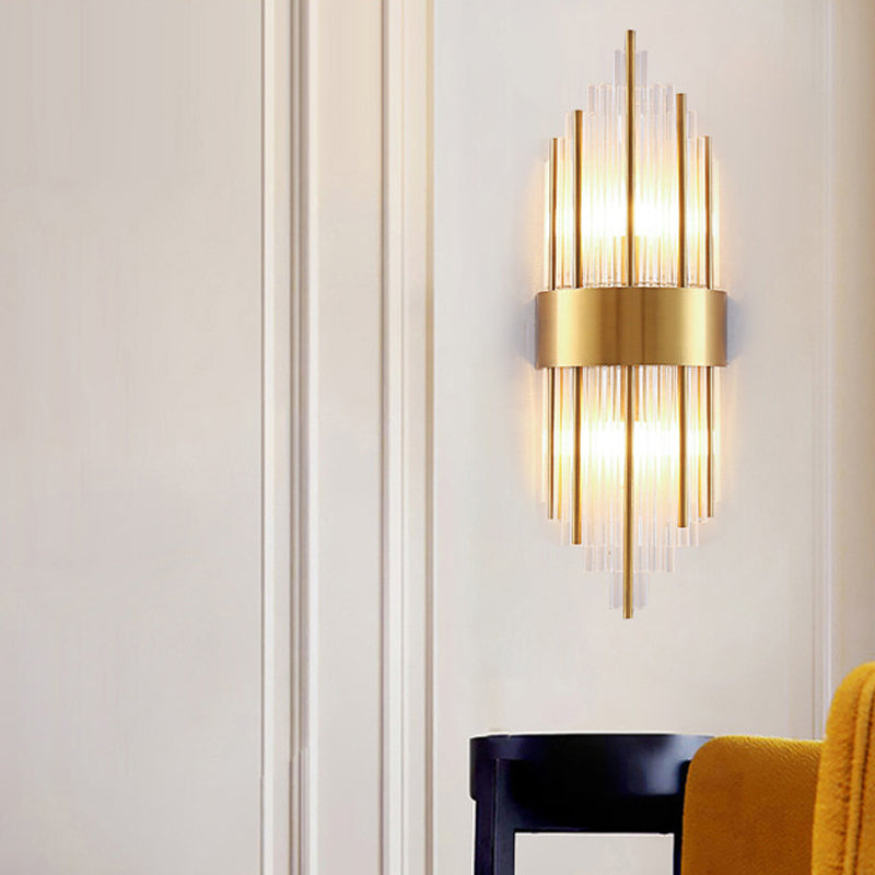 Skørter | Cylinder/Curved Wall Lamp Postmodern Prism/Ribbed Crystal 2-Light Living Room Ceiling Mount Wall Lamp in Gold